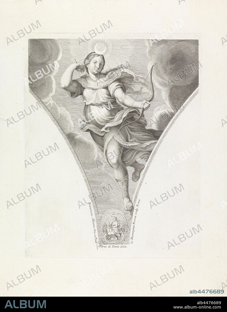 Diana Paintings by Francesco Albani (series title), The goddess Diana with bow and arrow. Decoration of a pendentive., (Story of) Diana (Artemis), Giovanni Girolamo Frezza (mentioned on object), 1704, paper, engraving, h 359 mm × w 282 mm.