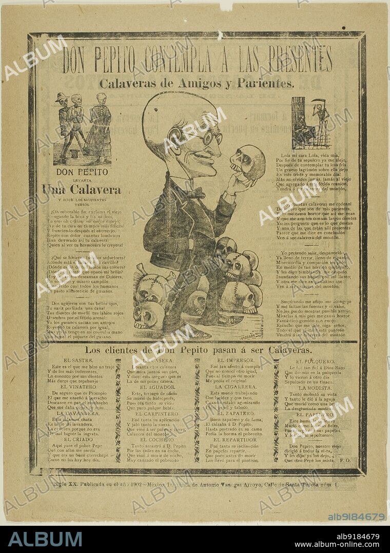 JOSE GUADALUPE POSADA. Don Pepito Contemplates those present, calaveras of friends and family, 1902.