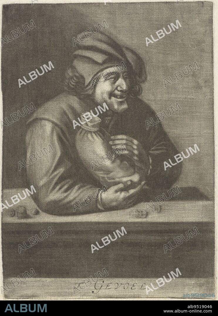 The Sense of Feeling. A seated man embraces a money bag. He is wearing a hat, Man with a Money Bag t' Sense , print maker: Jacob Hoolaart, Adriaen Brouwer, Dordrecht, 1723 - 1789, paper, h 174 mm × w 124 mm.
