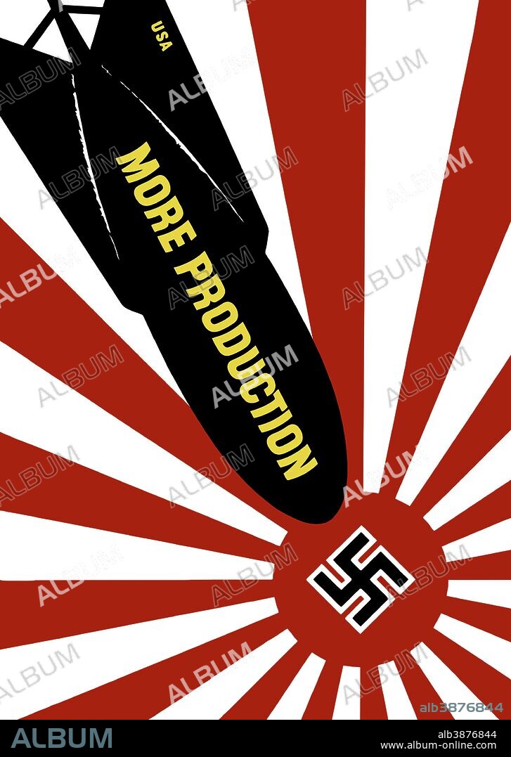Vintage World War II propaganda poster featuring a bomb, labeled More Production, striking a Swastika in the center of the Japanese Rising Sun Flag.