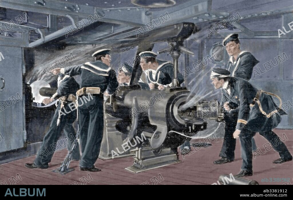 GUERRA RUSO-JAPONESA (1904-1905). Japón entró en guerra con Rusia con la finalidad de asegurarse intereses capitales en Corea y sur de Manchuria. "Abriendo fuego a bordo de un acorazado japonés". Grabado de La Ilustración Española y Americana, 1904. Coloreado.