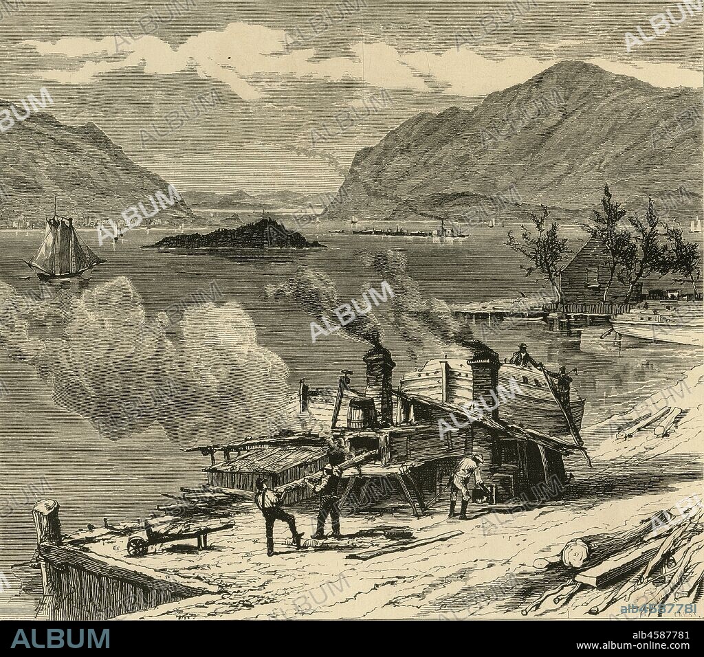 JOHN KARST. 'The Hudson, south from Newburg', 1874. Industry on the banks of the River Hudson, New York State, USA. From "Picturesque America; or, The Land We Live In, A Delineation by Pen and Pencil of the Mountains, Rivers, Lakes...with Illustrations on Steel and Wood by Eminent American Artists" Vol. II, edited by William Cullen Bryant. [D. Appleton and Company, New York, 1874].