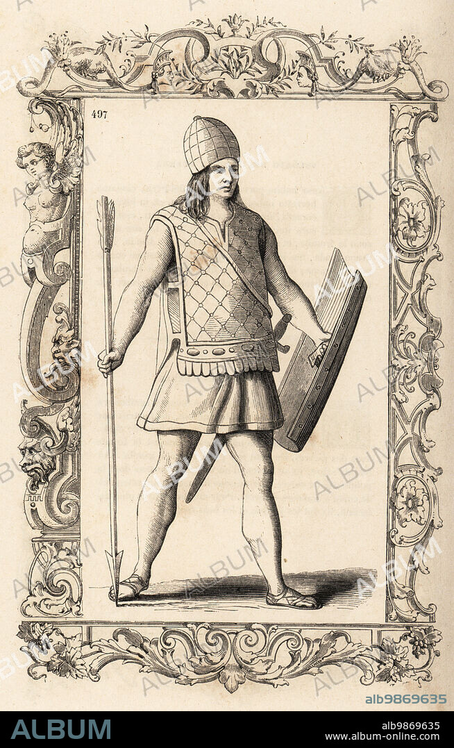 Native American soldier from Peru, 16th century. Holding a shield, spear with hardened palm-wood tip, and wearing in quilted cotton helmet and vest over a tunic, wooden axe. Autre soldat arme du Perou. Within a decorative frame engraved by H. Catenacci and Fellmann. Woodblock engraving by Gerard Seguin and E.F. Huyot after a woodcut by Christoph Krieger from Cesare Vecellios 16th century Costumes anciens et modernes, Habiti antichi et moderni di tutto il mondo, Firman Didot Ferris Fils, Paris, 1859-1860.