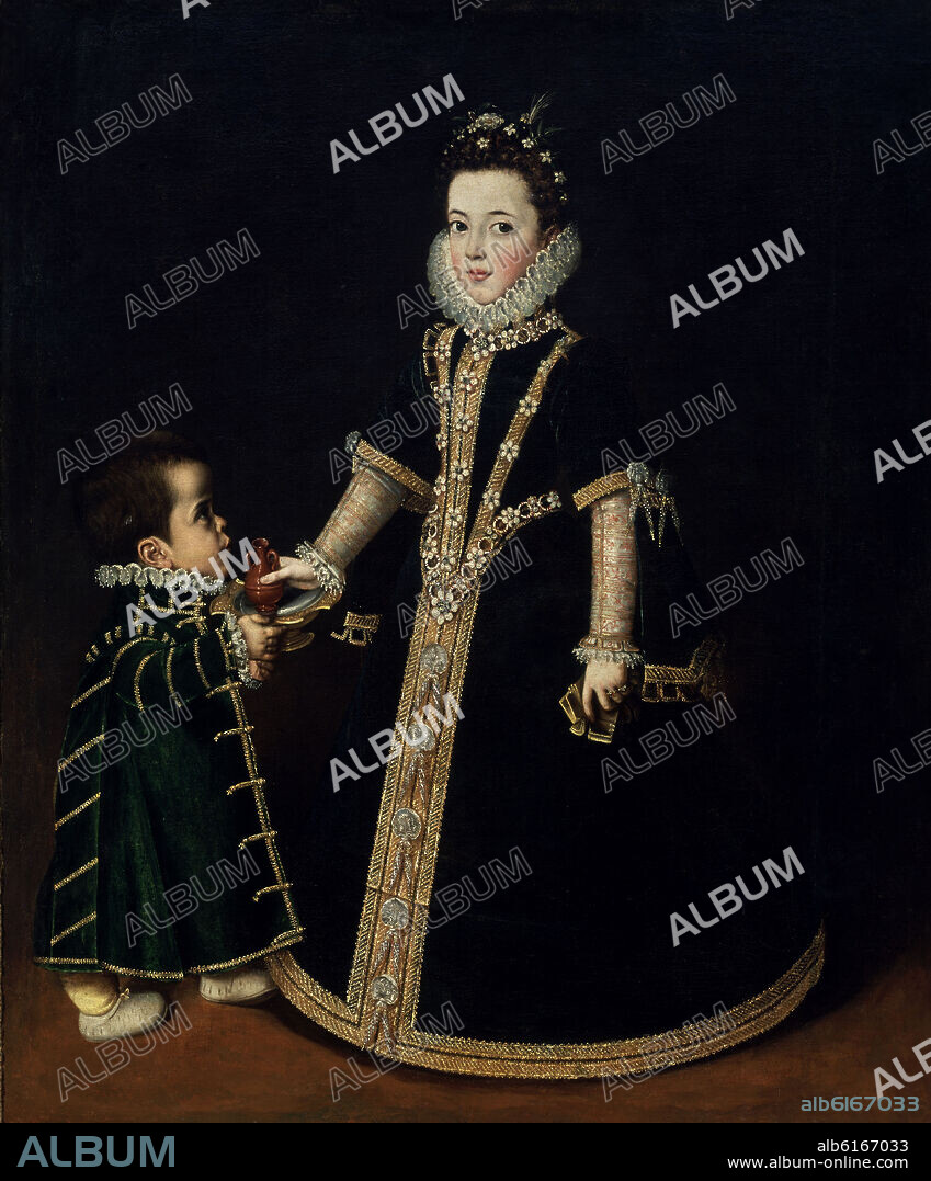 ALONSO SANCHEZ COELLO (1531-1588). ENANO OFRECIENDO CHOCOLATE A DOÑA JUANA DE MENDOZA FUTURA DUQUESA DE BEJAR - SIGLO XVI.