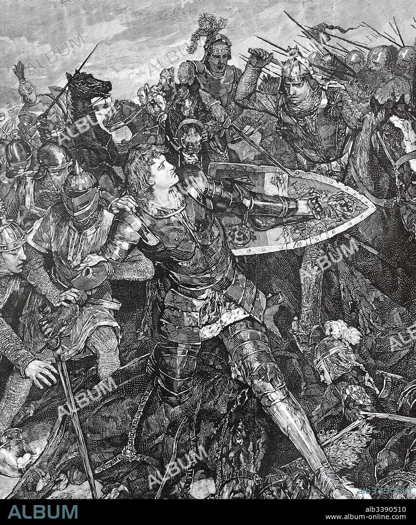 The Battle of Mühldorf, also Battle of Ampfing, was fought at Mühldorf am Inn on September 28, 1322, here the arrest of Frederick the Fair, Frederick the Fair or the Fair, 1289 - January 13, 1330, of the House of Habsburg, he was from 1308 as Friedrich I. Duke of Austria and Styria as well as King of Germany, from 1314 anti-king to 1325 king of the Romans, historical, digitally restored reproduction of an original from the 19th century.