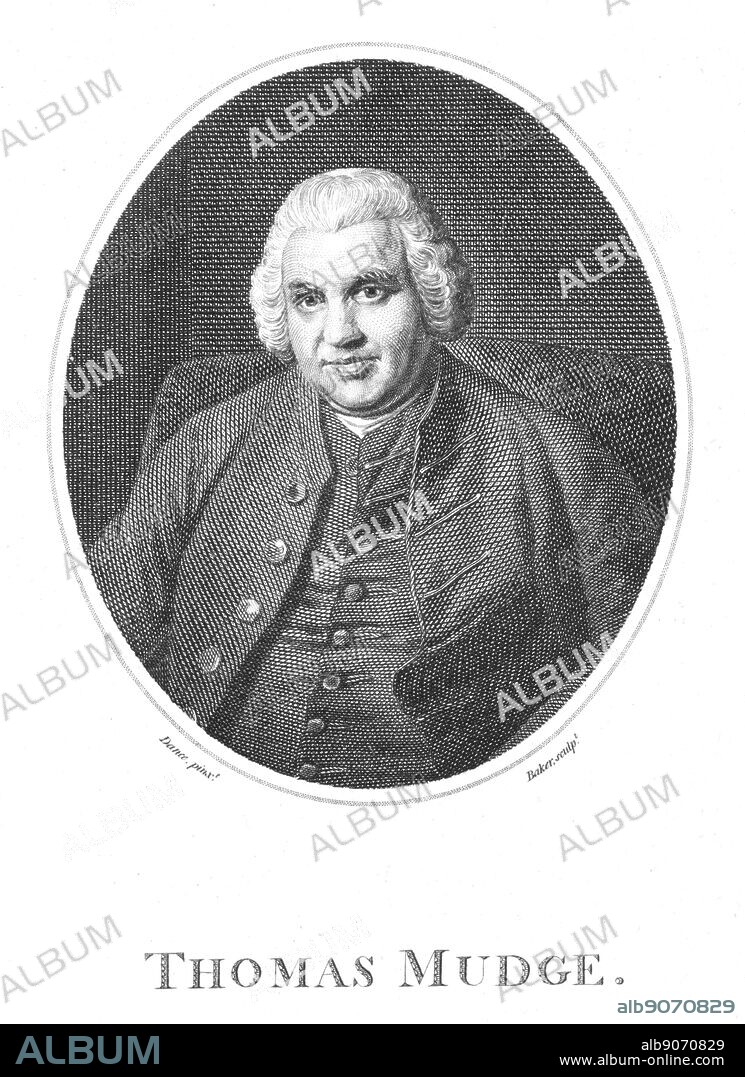 Thomas Mudge (1717-94) English horologist born at Exeter, Devon. Apprenticed to the eminent clockmaker George Graham (1742?-1751), Mudge invented the lever escapement (c1757), and became clockmaker to George III. Engraving 1795.
