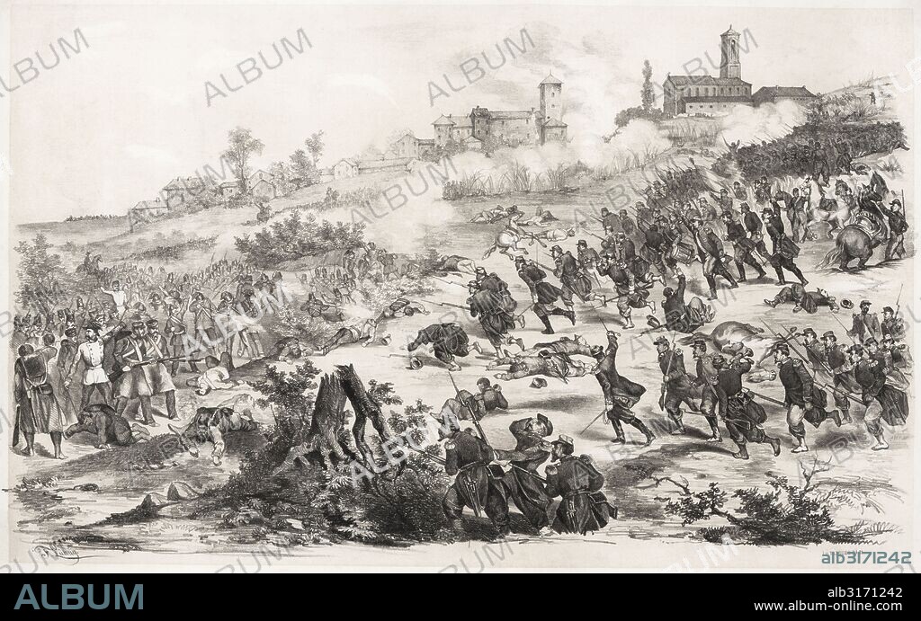 Italia. Batalla de Montebello el 20 de mayo de 1859 durante la Segunda Guerra de la independencia italiana; la infantería francesa y la caballería sardo-piamontesa derrotaron las tropas austríacas tras su invasión del Piamonte. Grabado de época.