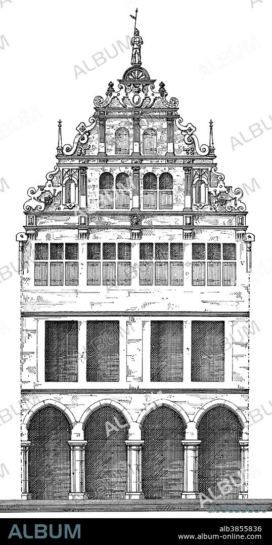 German Renaissance, architectural drawing, historical house facade from around 1880, town house on Prinzipalmarkt square, Münster, North Rhine-Westphalia, Germany, Europe.