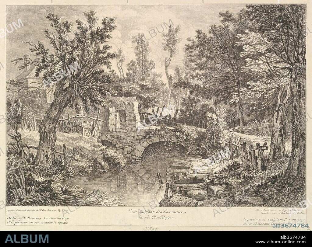 FRANCOIS BOUCHER and QUENTIN PIERRE CHEDEL. View of the Bridge of Washerwomen at the Peasant House. Artist: François Boucher (French, Paris 1703-1770 Paris); Quentin Pierre Chedel (French, Châlons-en-Champagne 1705-1763 Châlons-en-Champagne). Dimensions: Sheet (trimmed): 10 3/8 × 14 1/8 in. (26.4 × 35.8 cm). Date: mid-18th century.