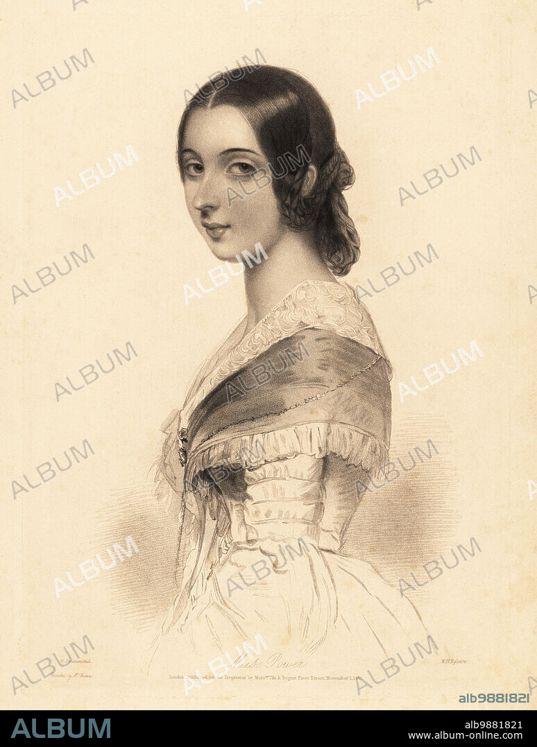 Miss Power, Marguerite Agnes Power, c.1815-1867, writer and niece of Irish writer Lady Blessington (Marguerite Gardiner). With her hair in plaits, wearing a dress with lace collar and tight waist. Steel stipple engraving by W.H. Eagleton after an illustration by William Drummond from Charles Heaths English Pearls, or Portraits for the Boudoir, Tilt and Bogue, London, 1843.
