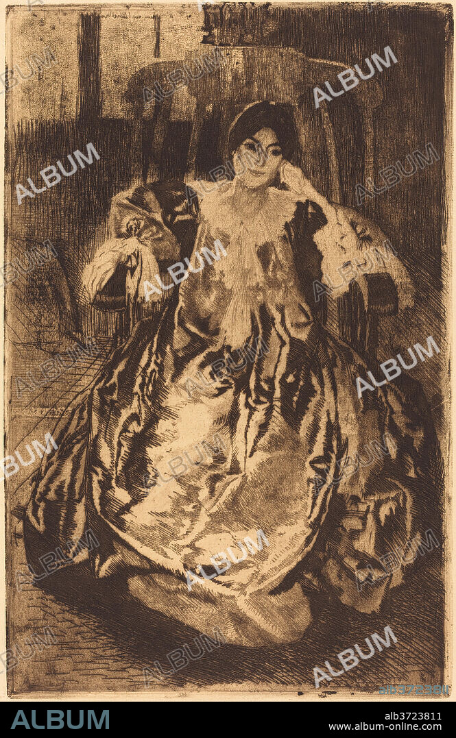 ALBERT BESNARD. The Silk Gown (La Robe de Soie). Dated: 1887. Dimensions: plate: 36.9 x 23.6 cm (14 1/2 x 9 5/16 in.)  sheet: 44.2 x 30.6 cm (17 3/8 x 12 1/16 in.). Medium: etching and aquatint with roulette work in brown on laid paper.