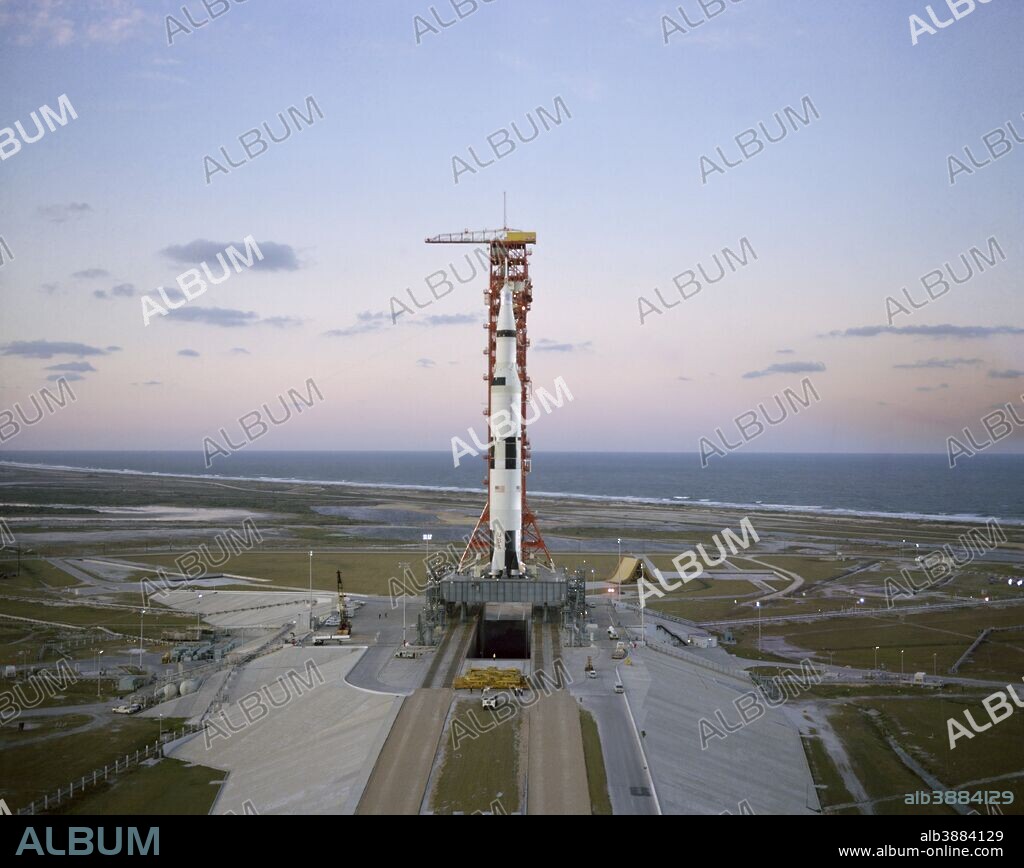 December 17, 1968 - High-angle view of the Apollo 8 (Spacecraft 103/Saturn 503) space vehicle at Launch Complex 39, Kennedy Space Center, Cape Canaveral, Florida. The Apollo 8 stack was photographed during a prelaunch alert-mobile service structure pull back.