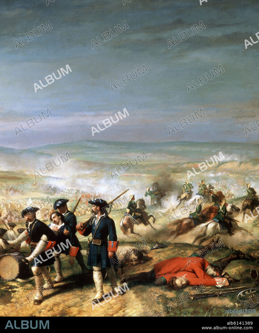 RICARDO BALACA Y CANSECO (1844-1880). DET DCHA - BATALLA DE ALMANSA EN 1707-LIENZO143x230-PINTADO EN 1862 - TRIUNFO DE FELIPE V.