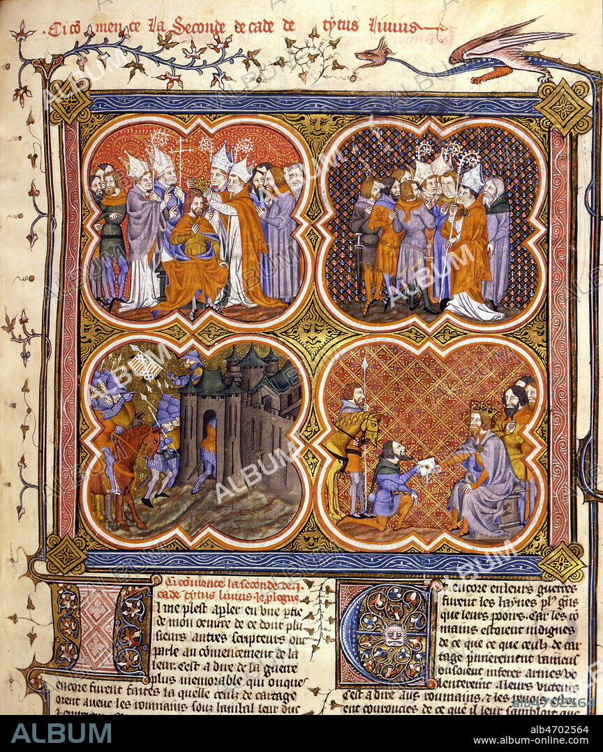 NOBLESSE , CLERGE, TIERS ETAT (soldats) Page de titre de la 2eme decade contenant quatre images : sacre d'un roi, groupe d'eveques et nobles , soldats devant des remparts, roi recevant un messager . Enluminure provenant des Histoires de TITE-LIVE, edition debut 15eme s (XVe, 15e s.). Manuscrit medieval conserve a la bibliotheque municipale de Bordeaux.Credit Collection JEAN VIGNE/KHARBINE TAPABOR.