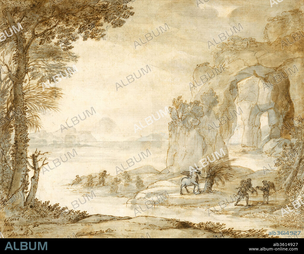 CLAUDE LORRAIN (CLAUDE GELLÉE). Perseus and the Origin of Coral. Artist: Claude Lorrain (Claude Gellée) (French, Chamagne 1604/5?-1682 Rome). Dimensions: 10 x 12 13/16 in.  (25.4 x 32.5 cm). Date: ca. 1671.
The rarely depicted subject of Perseus and the Origin of Coral is derived from Ovid's Metamorphoses. This drawing is one of seven known preparatory studies for one of Claude's most important late paintings: "Coast View with Perseus and the Origin of Coral" (Coke Collection, Holkham Hall, Norfolk), four of which depict the entire composition. The painting was commissioned by his patron, Cardinal Camillo Massimi, and executed in 1674.
