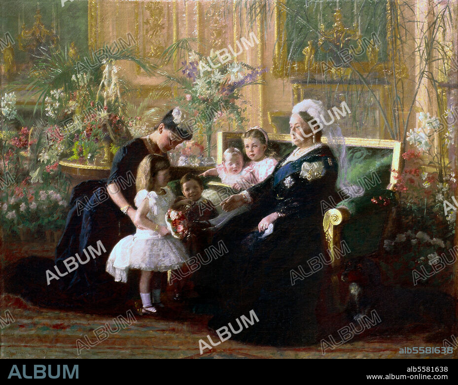 Victoria, Königin von Großbritannien und Irland (1837-1901); 1819-1901. " (..) nimmt anläßlich ihres goldenen Regierungsjubiläums die Gratulation ihrer Schwiegertochter Helene von Waldeck-Pyrmont, Herzogin von Albany, entgegen". Gemälde, 1887, von Laurits Regner Tuxen (1853-1927). Öl / Lw., 73 × 92 cm. Coburg, Stift. Herzog v. Sachsen (..) Familie.