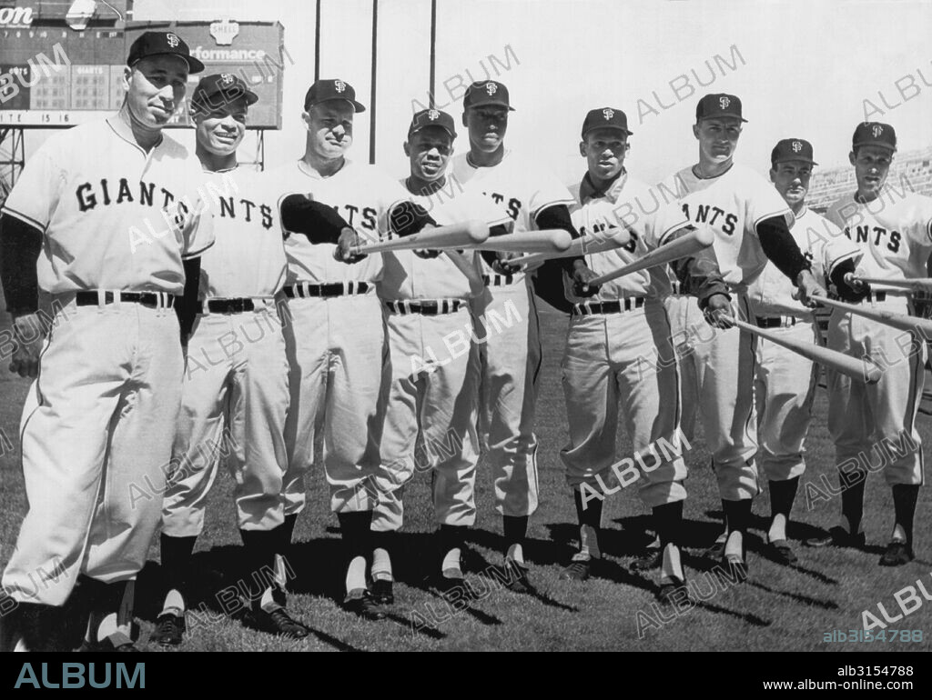 San Francisco, California:  April 10, 1961 The San Francisco Giants baseball team starting lineup for the 1961 season opener. L-R: Sam Jones, Felipe Alou, Harvey Kuenn, Willie Mays, Willie McCovey, Orlando Cepeda, Tom Haller, Charlie Hiller and Eddie Bressoud.