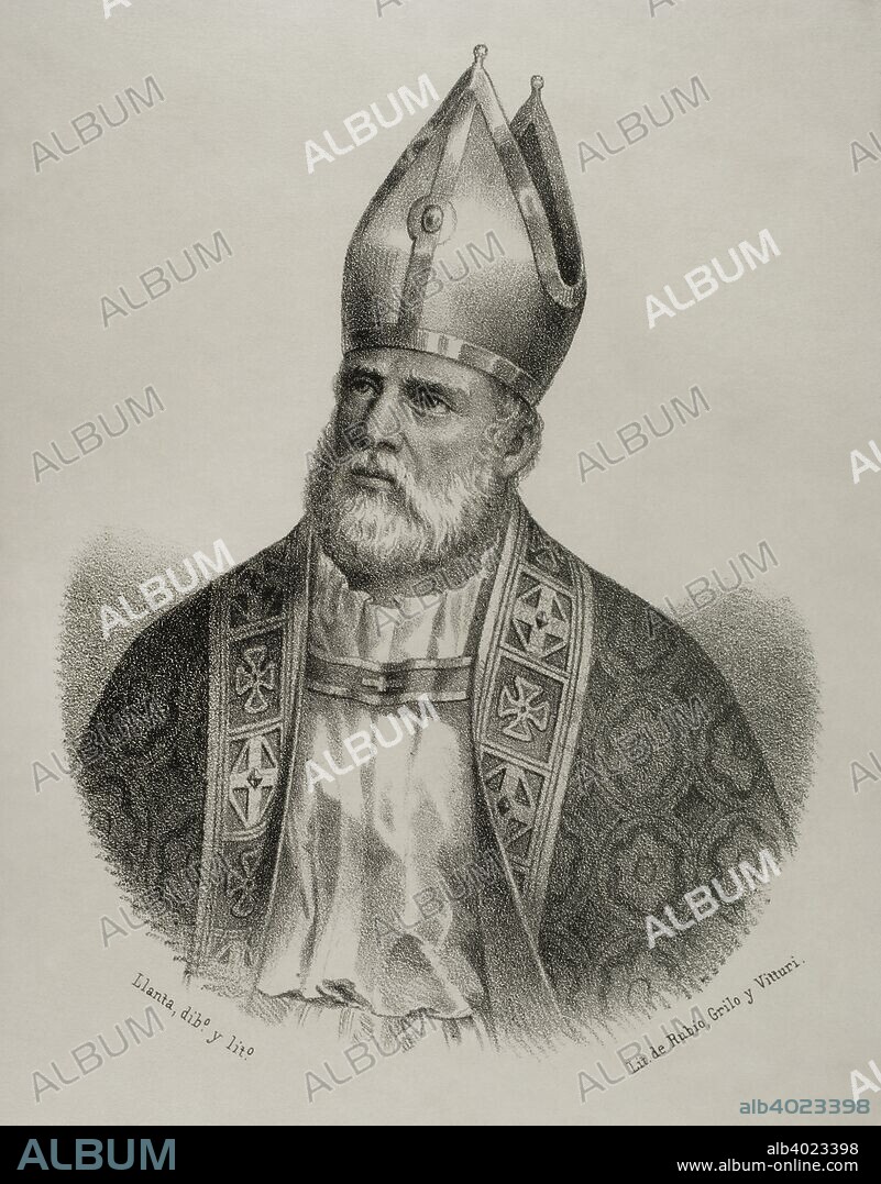 San Fulgencio (Siglo VI-630). Obispo hispano del siglo VI. Uno de los Cuatro Santos de Cartagena. Obispo de Ecija. Dibujo por Llanta. Litografía. Retrato. Crónica General de España, Historia Ilustrada y Descriptiva de sus Provincias. Región de Murcia, 1870. Biblioteca Histórico Militar de Barcelona, Cataluña, España.