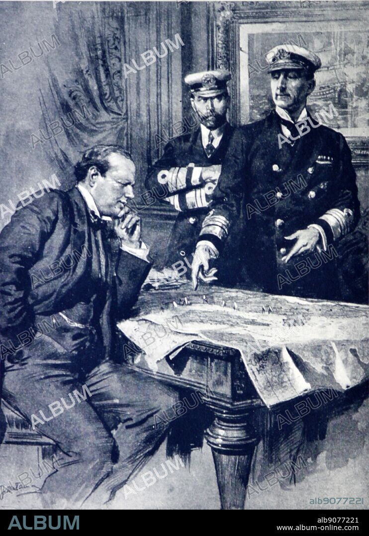 The First Lord, Winston Churchill (1874-1975) Prime Minister of the United Kingdom from 1940-1945 and again from 1951-1955 with his two highest executive officers, Rear Admiral Charles Madden, (1862-1935) Chief of the Staff and Admiral Sir John Jellicoe, (1859-1935) Commander-in-Chief of the Home Fleets.