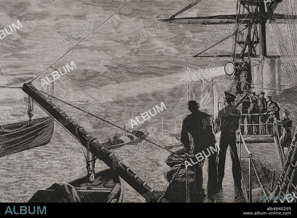 Guerra Ruso-Turca (1877-1878). En los Dardanelos. Exploración del mar a favor de la luz eléctrica para buscar los torpedos ocultos. Grabado. La Ilustración Española y Americana, 1878.