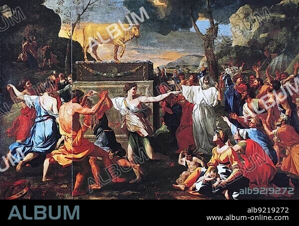 The Adoration of the Golden Calf, painting by Nicolas Poussin (1594-1665), Historic, digitally restored reproduction of a 19th century original, exact original date unknown.
