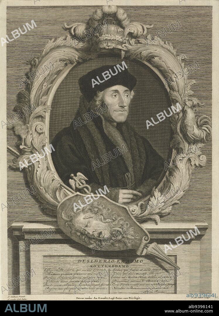 Desiderius Erasmus, humanist from Rotterdam. Below the portrait a caduceus and a shield with the head of Medusa. The print has a Latin caption, Portrait of Desiderius Erasmus, print maker: Pieter van Gunst, (mentioned on object), intermediary draughtsman: Abraham van der Eyk, (mentioned on object), after: Hans Holbein (II), (mentioned on object), Amsterdam, 1659 - 1731, paper, engraving, w 297 mm × h 410 mm.