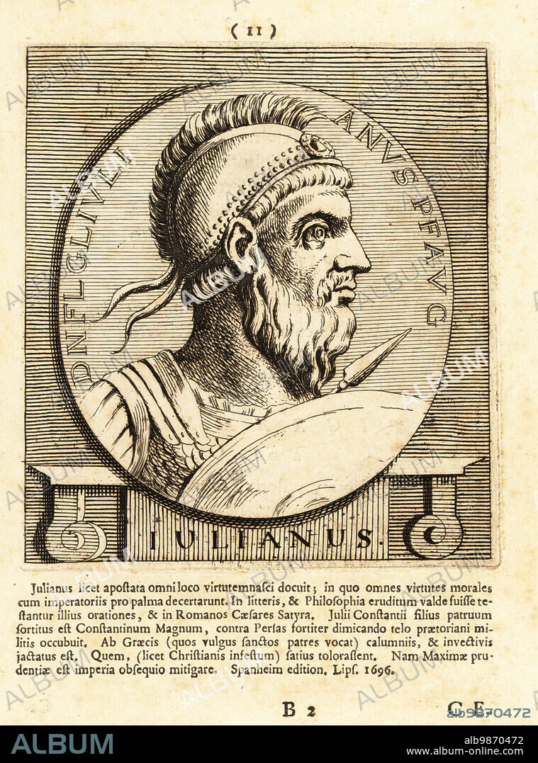 Julian the Apostate, c. 331-363, Roman emperor from 361 to 363, philosopher and author in Greek. Profile portrait in helmet and armour, with shield and spear. From a coin inscribed DN FL CL IULIANUS PF AUG. Copperplate engraving by Pieter Bodart (1676-1712) from Henricus Spoors Deorum et Heroum, Virorum et Mulierum Illustrium Imagines Antiquae Illustatae, Gods and Heroes, Men and Women, Illustrated with Antique Images, Petrum, Amsterdam, 1715. First published as Favissæ utriusque antiquitatis tam Romanæ quam Græcæ in 1707. Henricus Spoor was a Dutch physician, classical scholar, poet and writer, fl. 1694-1716.