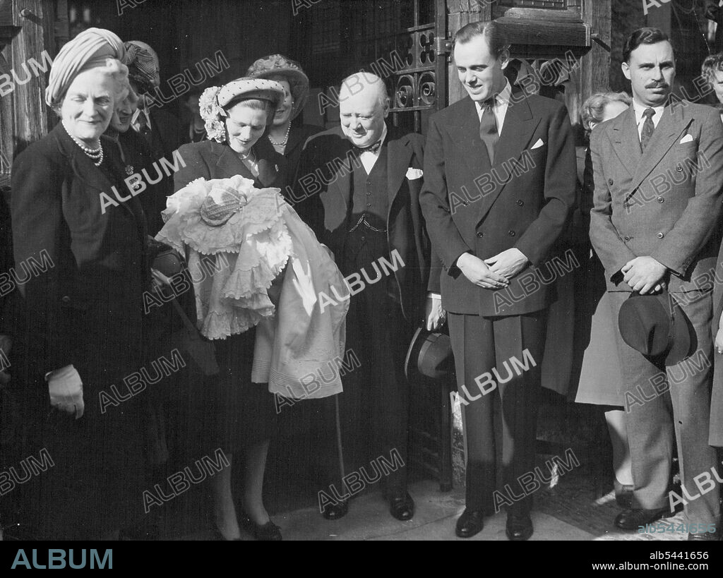 Christening of Arthur Nicholas Winston Soames, son of Captain and Mrs. Soames and the youngest grandchild of Mr. Winston Churchill at the Westerham Parish Church, Kent. Left to Right: Mrs. Churchill, Mrs. Christopher Soames, holding her infant son, Mr. Churchill and Captain Christopher Soames, father of the child, outside the Church after the ceremony. January 01, 1948. (Photo by Sport & General Press Agency, Limited).