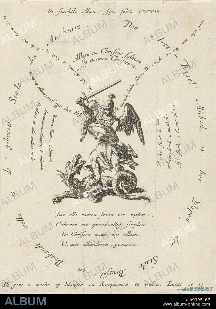 Archangel Michael slays the dragon, surrounded by various inscriptions, print maker: Jan Luyken, publisher: Jacobus van Nieuweveen, (mentioned on object), Amsterdam, 1694, paper, etching, h 182 mm × w 136 mm.