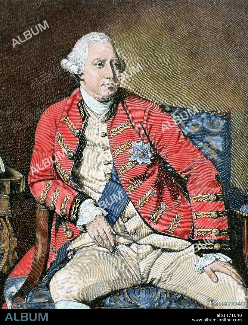 JORGE III (Londres,1738-Windsor,1820). Rey de Gran Bretaña e Irlanda (1760-1820), elector (1760-1814) y rey de Hannover (1814-1820), nieto y sucesor de Jorge II. Grabado coloreado.