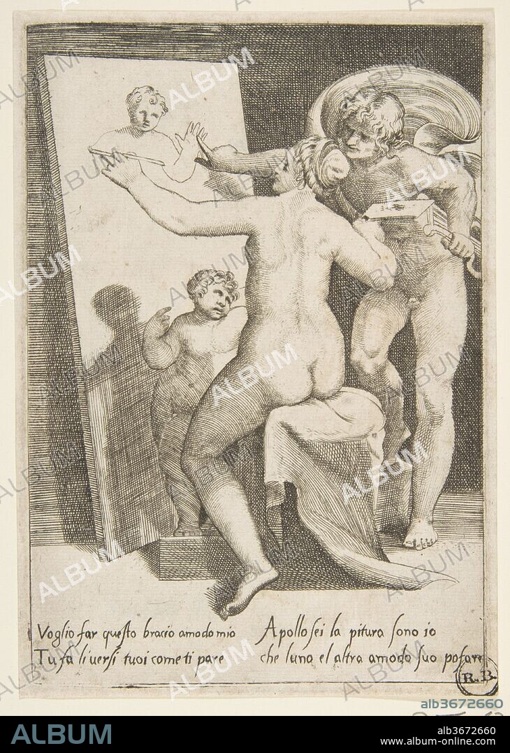 Apollo standing a beside a woman representing an allegory of painting, from 'The Loves of the Gods'. Artist: Giulio Bonasone (Italian, active Rome and Bologna, 1531-after 1576). Dimensions: sheet: 5 1/2 x 4 3/16 in. (14 x 10.7 cm). Series/Portfolio: The Loves of the Gods (Amorosi diletti degli dei). Date: 1531-60.