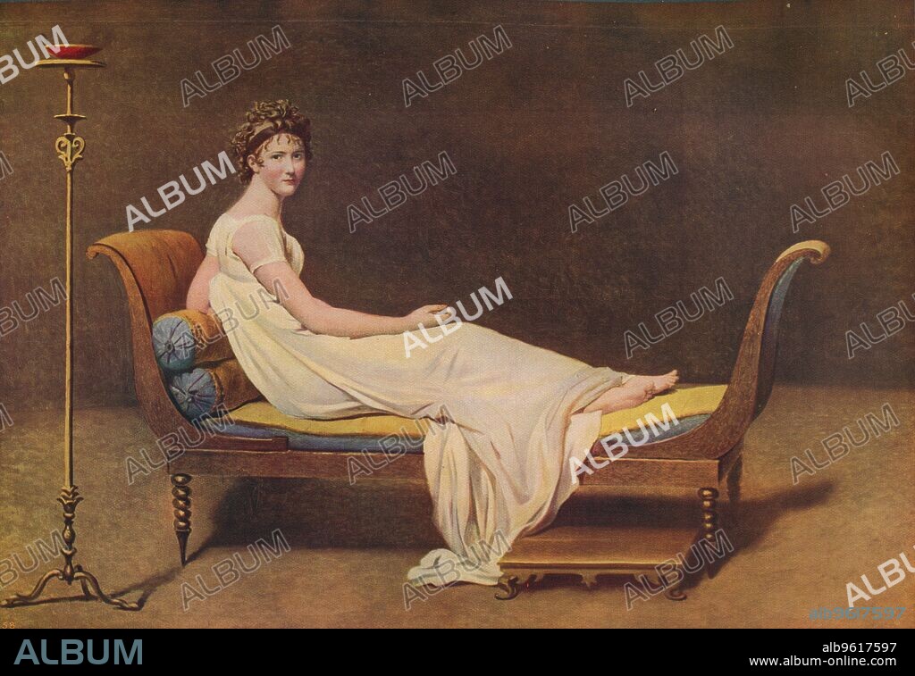 JACQUES LOUIS DAVID. 'Madame Recamier', 1800, (c1915). The painting is held by the Musée du Louvre, Paris.  From "International Art: Past and Present" by Alfred Yockney. [Virtue & Company, London, c1915].