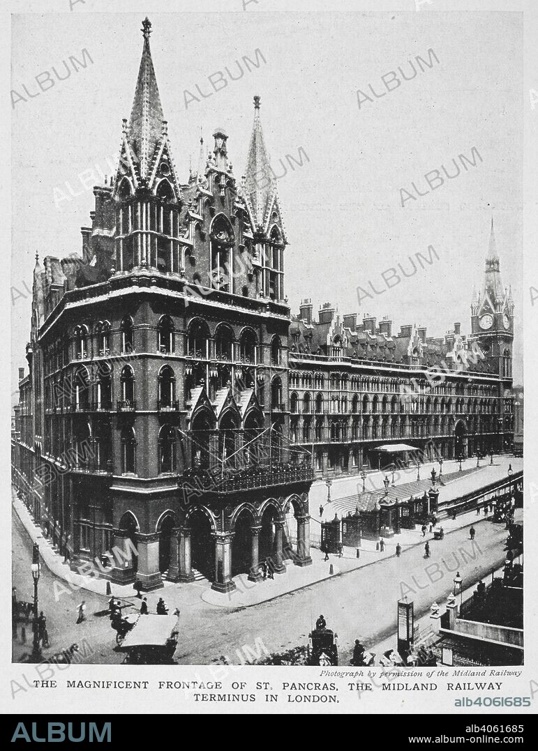 FREDERICK ARTHUR AMBROSE TALBOT. The magnificent frontage of St. Pancras, the Midland railway terminus in London. (Photograph by permission of the Midland railway.)  The Midland Grand Hotel, designed by George Gilbert Scott, opened in 1873. It is now know as the St. Pancras Renaissance London Hotel.  . Railway Wonders of the World ... Illustrated with 24 colour plates and upwards of 300 photographs. London : Cassell & Co., [1913-14]. Source: 8766.dd.10, page 588.