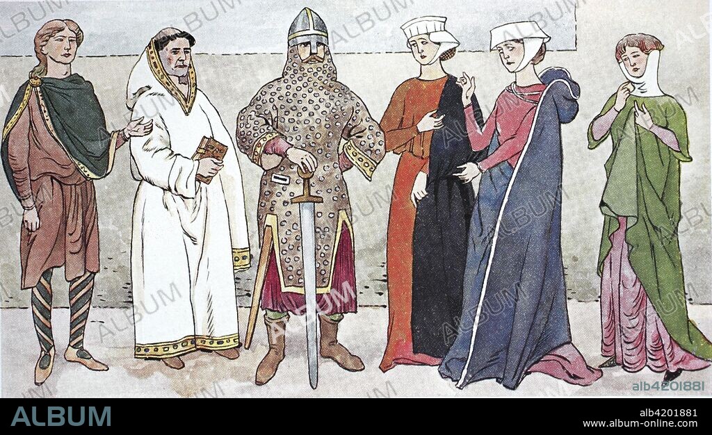 Clothing, fashion, England in the Middle Ages, English costumes, from the left, an Anglo-Saxon and a monk, 10th century, a warrior in an 11th-century ironmans coat, two women in long-sleeved dresses in the 12th century, a girl in a short dress, a long shirt dress and hooded collar in the 13th century, digital improved reproduction of an original print from the 19th century.
