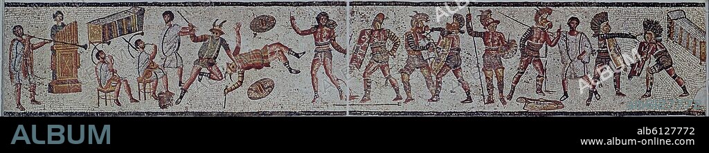 DIBUJO DE MOSAICO-LUCHA DE GLADIADORES-EPOCA ROMANA.