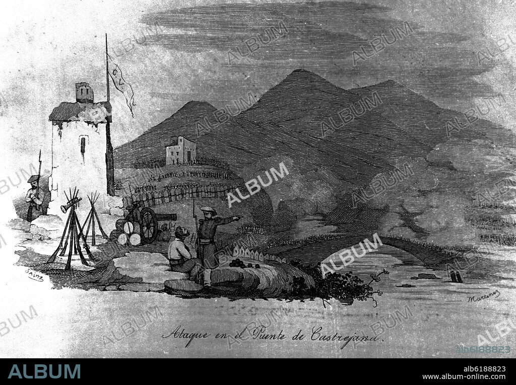 MARTINEZ (LITOGRAFIAS). ATAQUE EN EL PUENTE DE CASTREJANA EN 1835 - GRABADO SIGLO XIX.