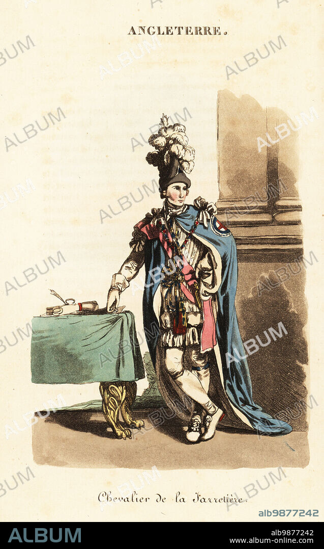 Knight of the Order of the Garter, 1800s. In ceremonial robes with surcoat of crimson velvet, mantle and hood of purple velvet, escutcheon of St George's cross on the cloak. Gold collar with figure of St George and the dragon, embroidered garter and black velvet cap with feathers. Chevalier de la Jarretiere. Handcoloured copperplate engraving after an illustration by William Alexander from J-B. Eyries L'Angleterre ou Costumes, Moeurs et Usages des Anglais, England: Costumes, Manners and Mores of the English, Librairie de Gide Fils, Paris, 1821. Jean-Baptiste Eyries (1767-1846) was a French geographer, author and translator.