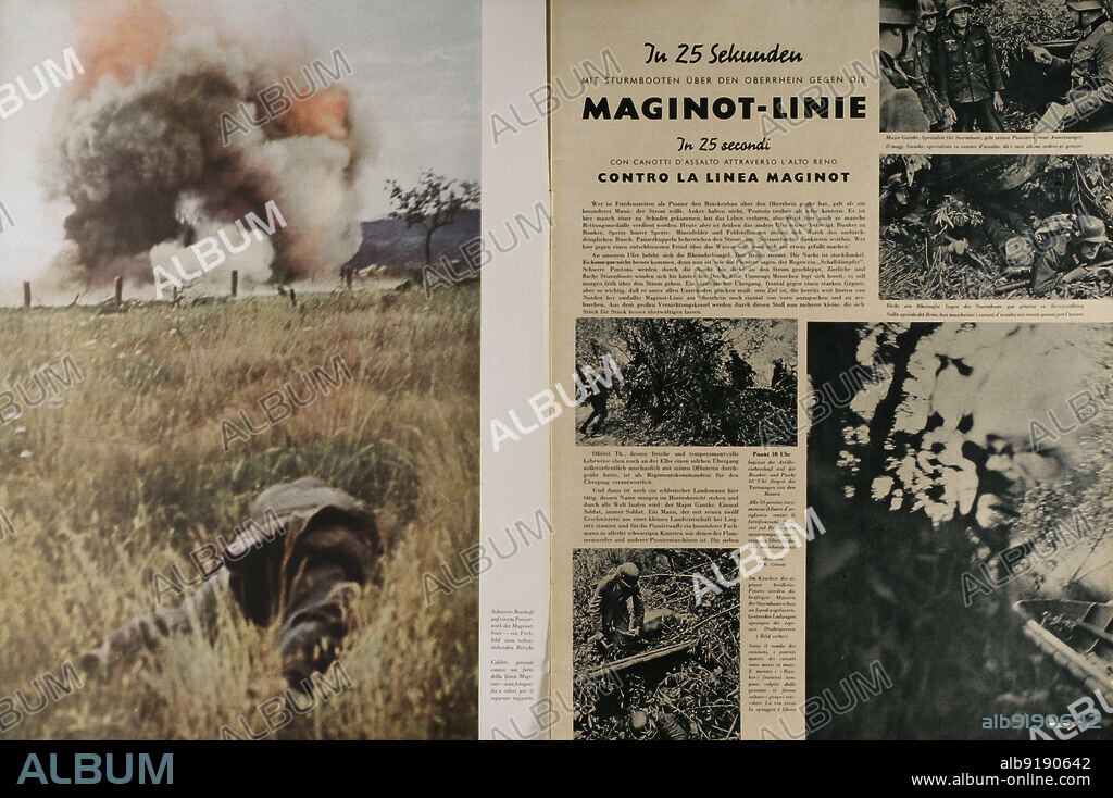 Historia de Alemania. Revista "Signal". Páginas interiores del ejemplar número 9 (10 de agosto de 1940) de la edición alemana-italiana, con un reportaje sobre la Línea Maginot. Esta revista se publicó entre abril de 1940 y abril de 1945, siendo el principal órgano de propaganda del ejército alemán durante la Segunda Guerra Mundial.