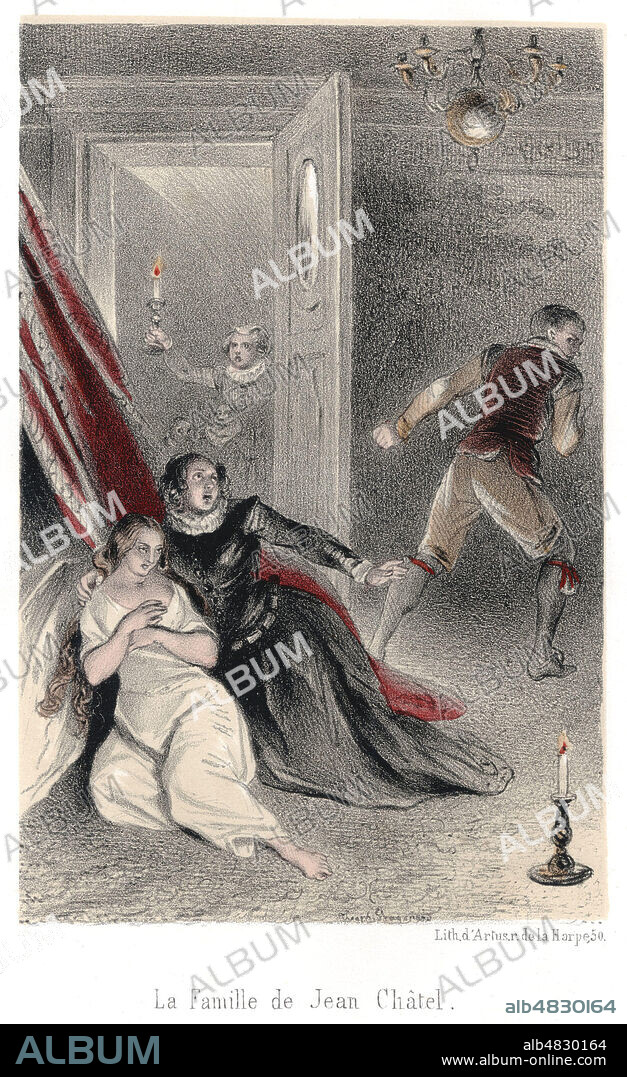 La famille de Jean CHATEL (1575-1594) (qui tente d'assassiner le roi HENRI IV en 1594). Illustration de 1846 par Theophile FRAGONARD (1806-1876) pour Histoire des Jesuites par Adolphe BOUCHER (19 s.). Credit : Collection Jonas/Kharbine-Tapabor.