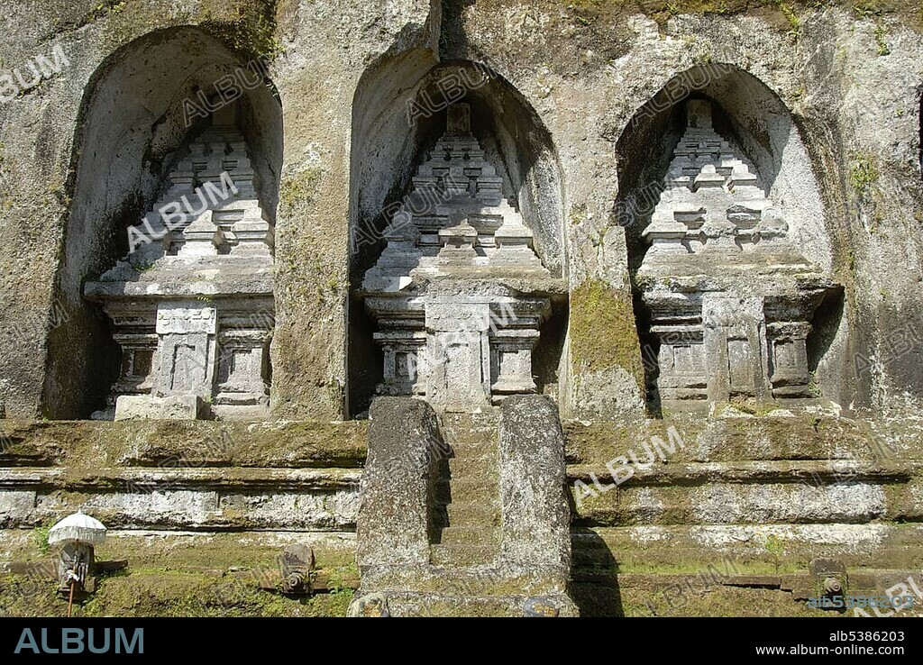Bali Hinduism, ancient rock sanctuary, three monuments, Candi, carved in relief in rock, Temple Gunung Kawi, Tampasiring in Ubud, Bali, Indonesia, Southeast Asia, Asia.