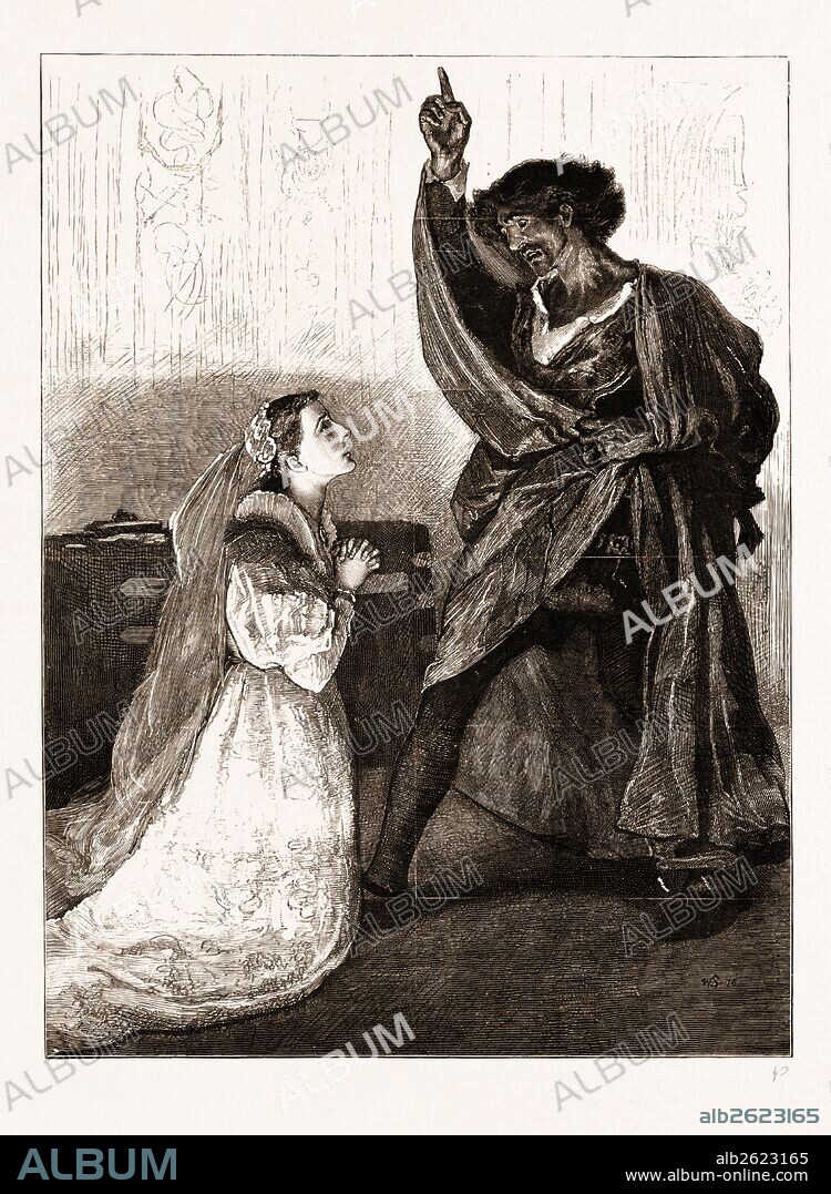 MR. IRVING AND MISS ISABEL BATEMAN IN "OTHELLO" AT THE LYCEUM THEATRE, LONDON, UK, 1876: Desdemona: Upon my knees, what doth your speech import? I understand a fury in your words, but not the words. Othello: Why, what art thou? Desdemona: Your wife, my lord, your true and loyal wife.