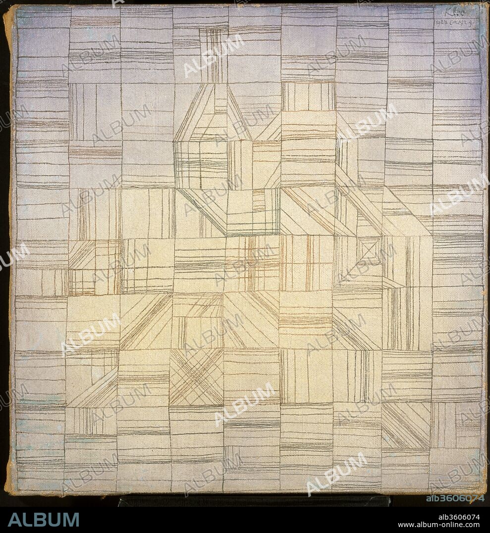 Variations (Progressive Motif). Artist: Paul Klee (German (born Switzerland), Münchenbuchsee 1879-1940 Muralto-Locarno). Dimensions: 16 x 15 3/4 in. (40.6 x 40 cm). Date: 1927.
Klee gridded this small canvas in such a way that the design looks like slightly irregular graph paper or a pattern of parquetry boards. Due to a variation in the same motif--horizontally striped, light blue squares on the outside versus ivory-shaded ones with diagonal and crisscross lines toward the center--there emerges a subtly patterned image that anticipates Minimalist painting by about forty years.