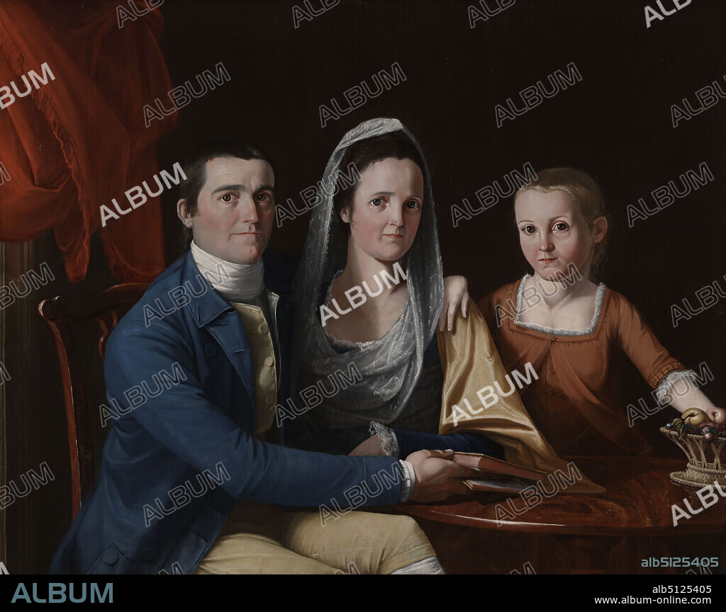 Artist: John Trumbull, American, 17561843, Subject: Jonathan Trumbull, Jr., American, 17401809, LL.D. 1797, Subject: Eunice Backus Trumbull, American, 17491826, Subject: Faith Wadsworth, American, 17691846, Jonathan Trumbull, Jr. (1740-1809) with Mrs. Trumbull (Eunice Backus) (1749-1826) and Faith Trumbull (1769-1846), Oil on canvas, 38 × 48 in. (96.5 × 121.9 cm), Not on view, American, 18th century, Paintings.