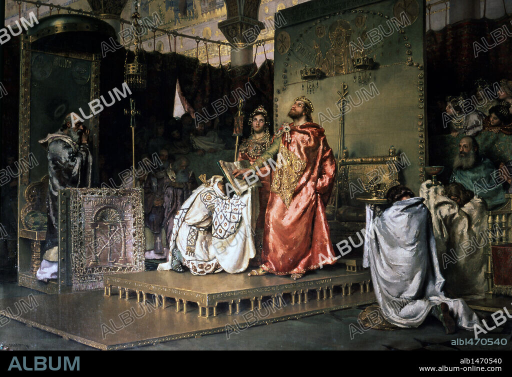 RECAREDO. Rey visigodo (586-601). "LA CONVERSION DE RECAREDO". Oleo sobre lienzo de Antonio MUÑOZ DEGRAIN realizado en el año 1888. Representación del rey visigodo que junto a su esposa y ante San Leandro abdica del arrianismo y se convierte al catolicismo (587). Palacio del Senado. Madrid. España.