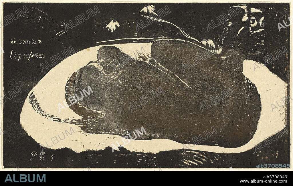PAUL GAUGUIN. Manao Tupapau (She is Haunted by a Spirit). Dated: 1893-1894. Dimensions: block: 20.4 x 35.5 cm (8 1/16 x 14 in.)  sheet: 20.8 x 35.7 cm (8 3/16 x 14 1/16 in.). Medium: color woodcut in brown and black on japan paper.