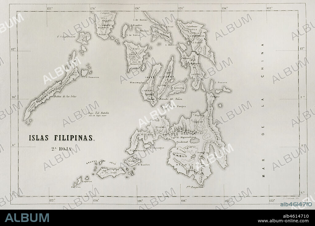 Map of the Philippine islands (Spanish colonial period). Mindanao Island, Visayan Islands and Letye Island. Engraving. Crónica General de España, Historia Ilustrada y Descriptiva de sus Provincias (General Chronicle of Spain, Illustrated and Descriptive History of its Provinces), Philippines, 1871.