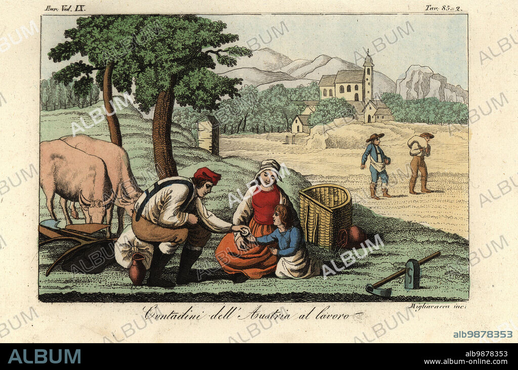 Austrian peasants at work in the fields, 18th century. A ploughman and family rest near oxen and plough, while others sow seeds. Contadini dellAustria al lavoro. Handcoloured copperplate engraving by Migliavacca from Giulio Ferrarios Costumes Ancient and Modern of the Peoples of the World, Il Costume Antico e Moderno, Florence, 1844.