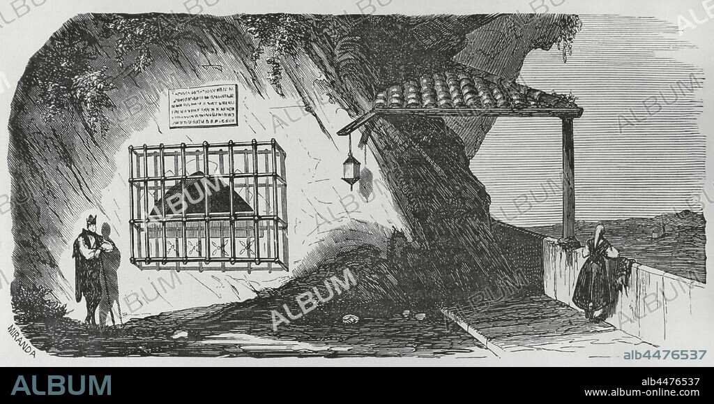 Sepultura de Don Pelayo en la Santa Cueva de Covadonga. Asturias, España. Dibujo por Fernando Miranda. Grabado. Crónica General de España, Historia Ilustrada y Descriptiva de sus Provincias. Tomo Asturias y León, 1867. Biblioteca Histórico Militar de Barcelona, Cataluña, España.