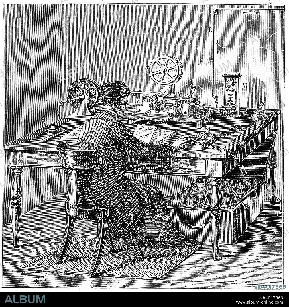 Operator sending a message on a Morse electric printing telegraph, 1887. He is  tapping out the message with a key using the code developed by Samuel Morse and Alexander Bain. Under the table are wet cells (batteries) supplying electricity.