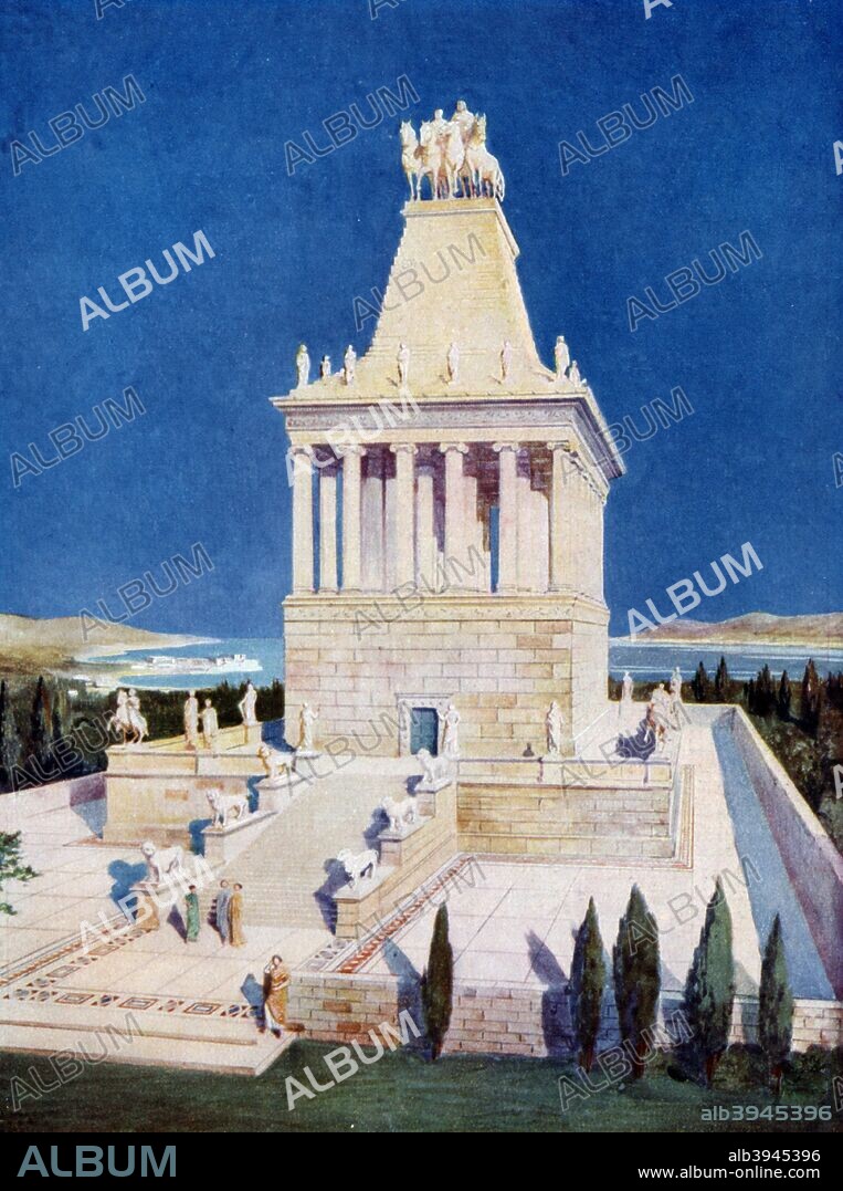 Tomb of Mausolus at Halicarnassus, 1933-1934. Halicarnassus was an ancient Greek city on the south-west coast of Turkey built on the site occupied today by the town of Bodrum. It is best known as being the site of the tomb of Mausolus, ruler of Caria from 377-353 BC, and his wife, sister and successor Artemisia. The tomb is better known as the Mausoleum of Halicarnassus, one of the Seven Wonders of the Ancient World. A print from Wonders of the Past, Volume I, 1933-1934.